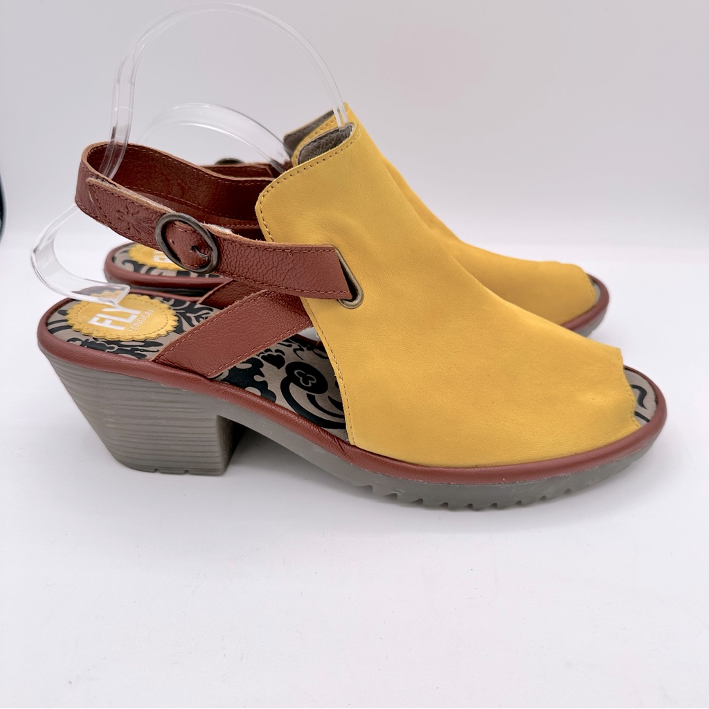 Fly London Leather Heeled Sandals Wena Yellow/Tan Sz 40. Us Size 9-9.5